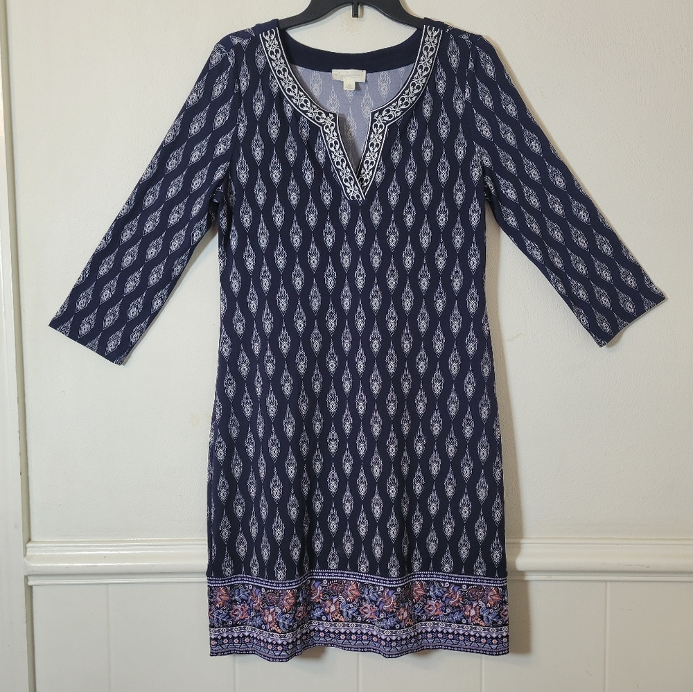 Magnolia Grace Navy and White Dress Midi Dress With Embroided Neckline Medium - Picture 2 of 5